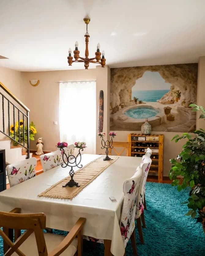Bright interior of the Refugio del Casar house